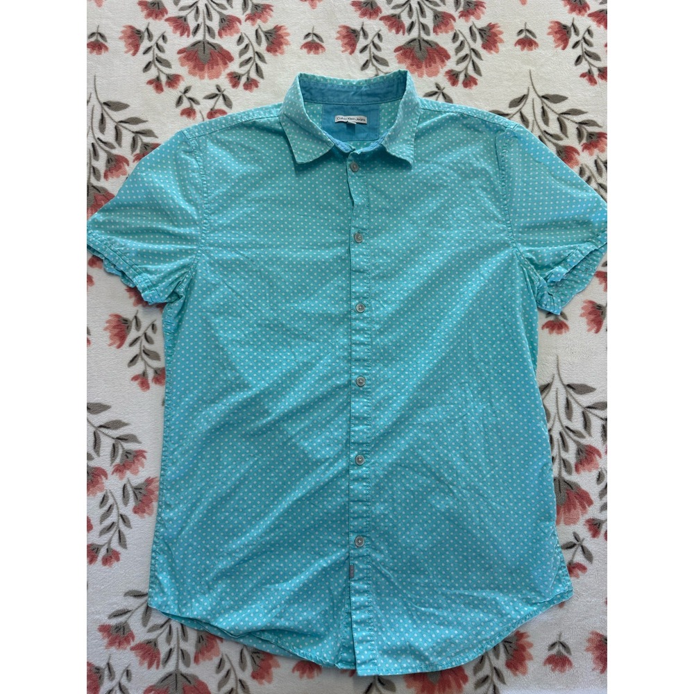 Calvin Klein Jeans Mens Turquoise Polka Dot Short Sleeve Button Down Shirt M